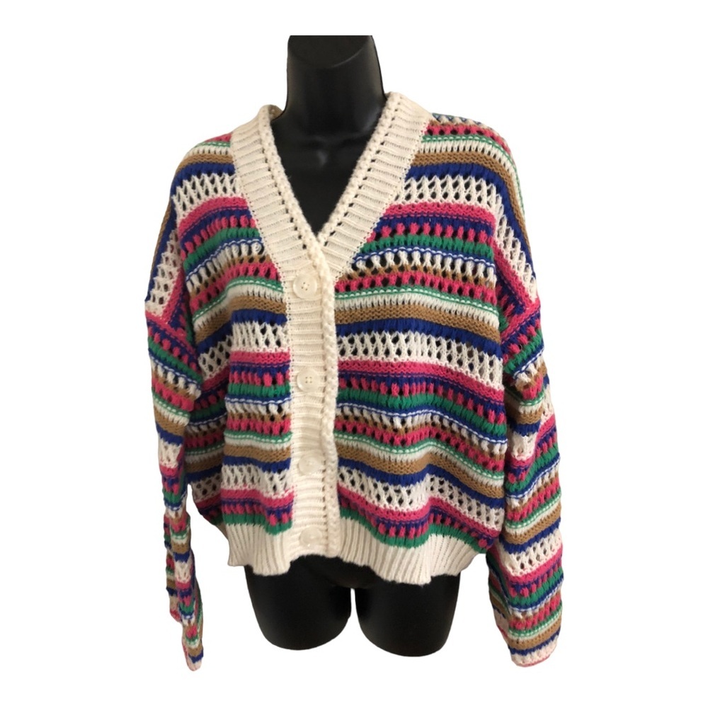 Vigoss Cream multistriped crochet‎ knit grandpa cardigan sweater size large new - Picture 8 of 16